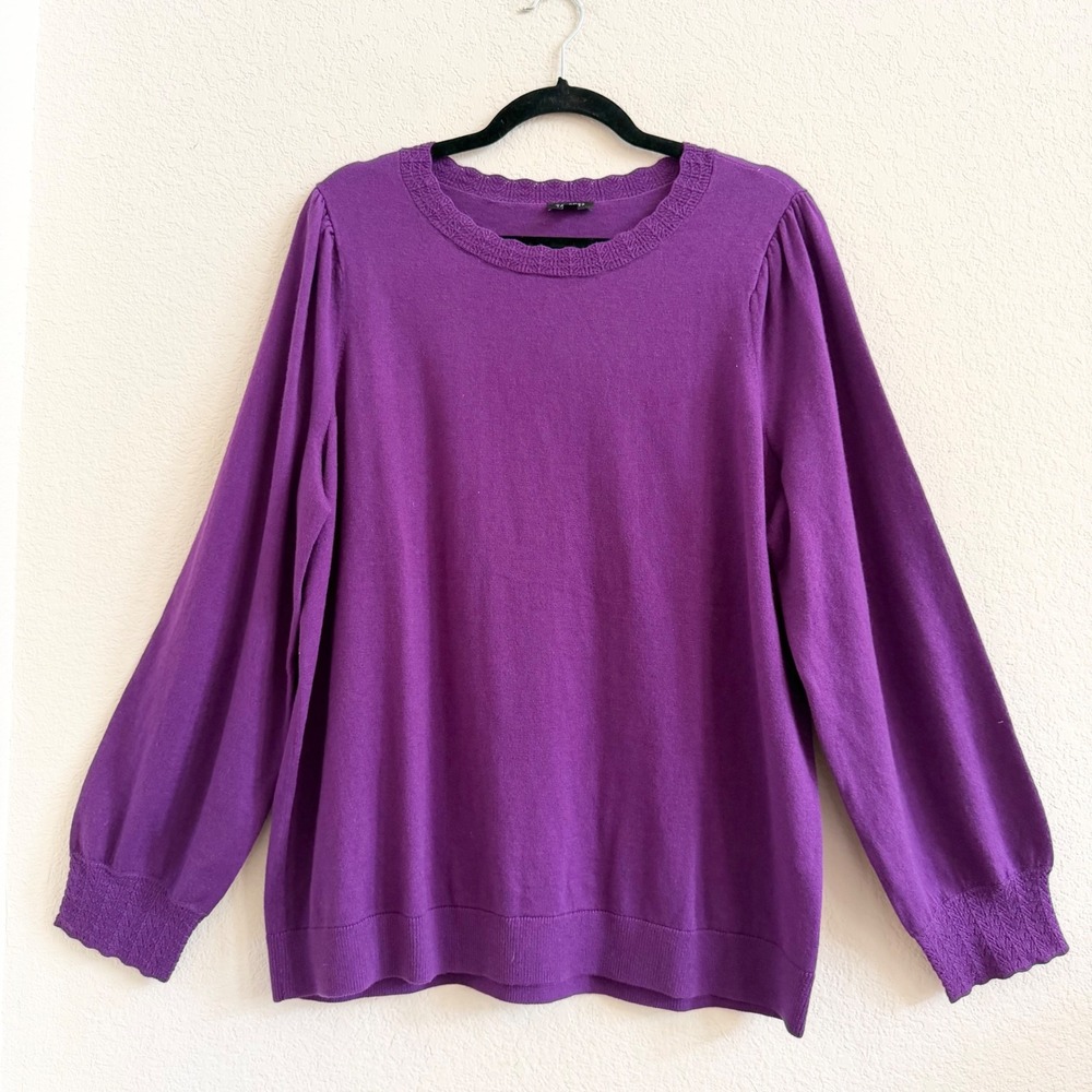 Talbots Cotton Wool Blend Scalloped Bishop Sleeve Purple Long Sleeve Shirt XL